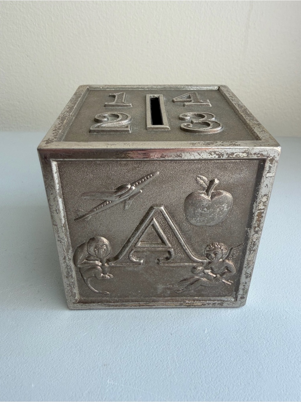 Vintage Raimond Silver Plated ABC Block Coin Bank With Oval Sticker Japan